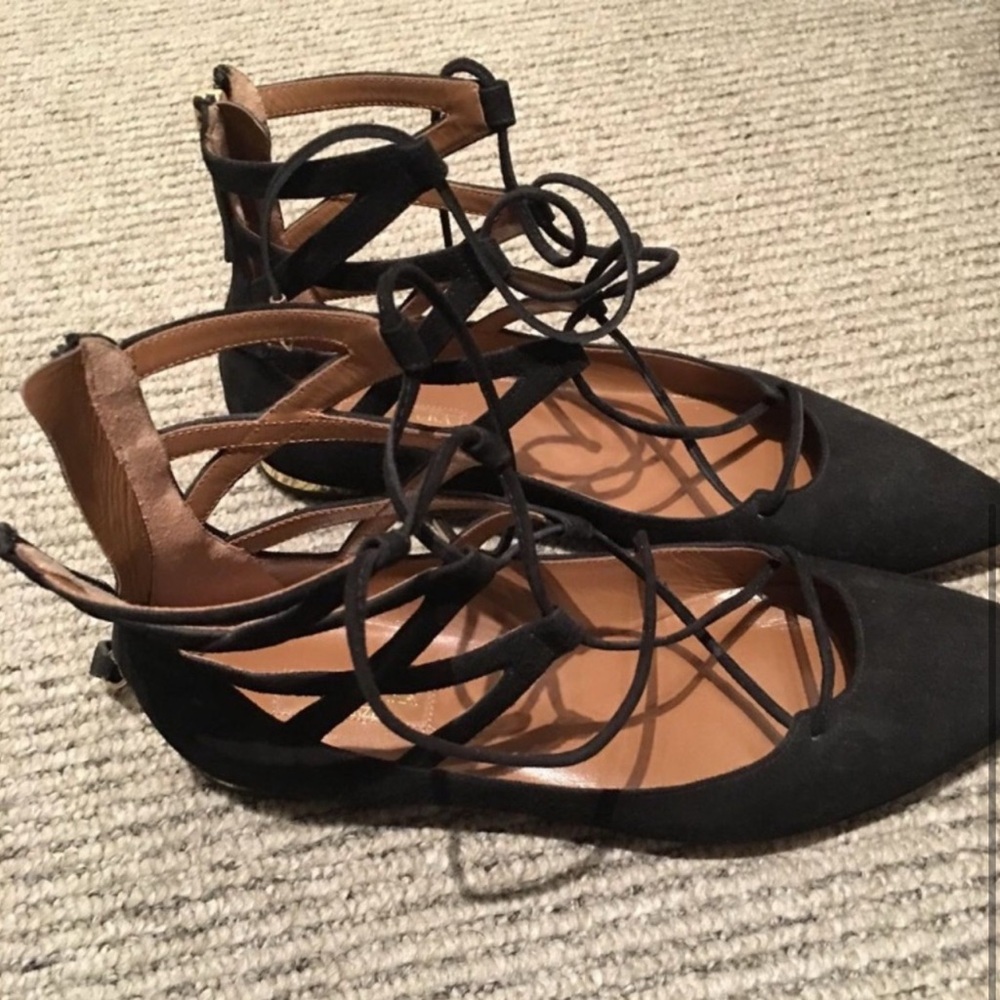 Aquazzura Belgravia black suede lace up flats 36 - Picture 2 of 5
